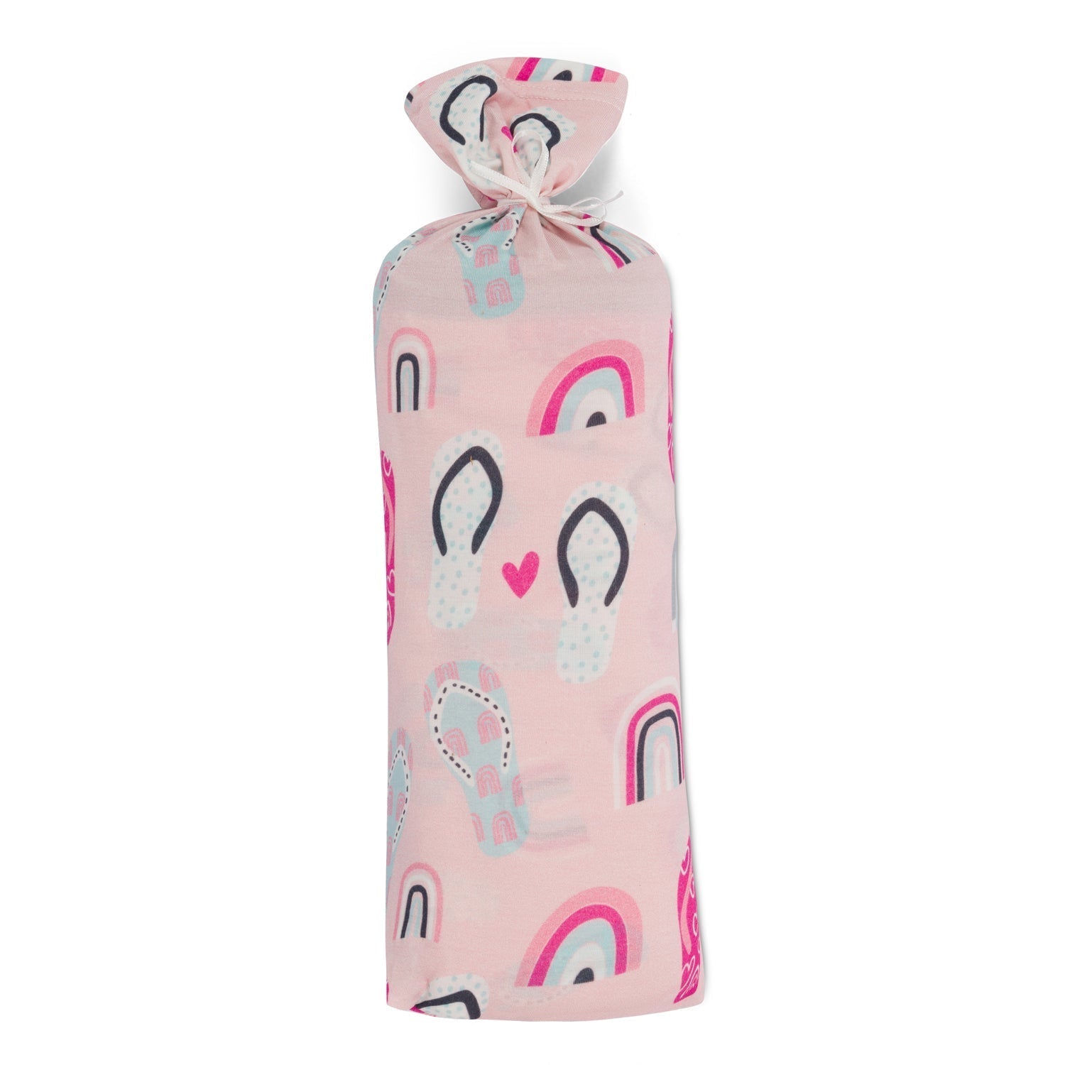 Bamboo baby swaddle blanket with a sunny beach print of flip flops and rainbows in soft colors
