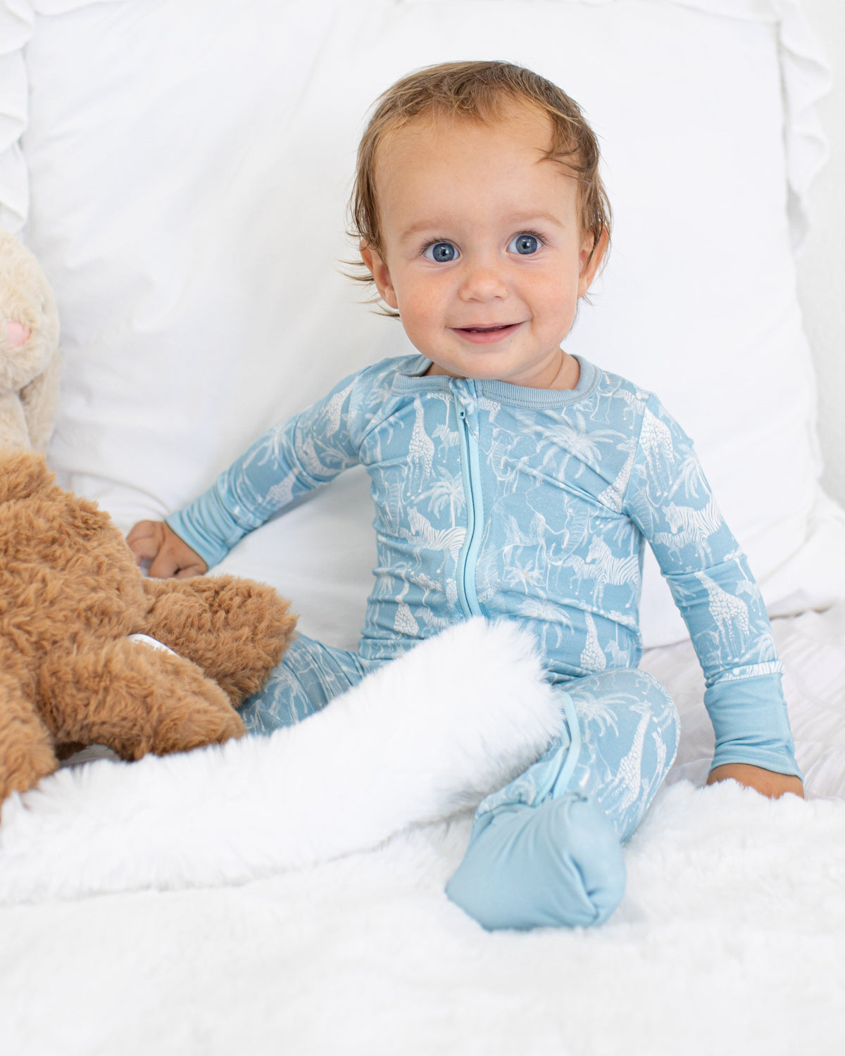 Baby convertible coverall in savanna blue with full-length two-way zipper and convertible feet