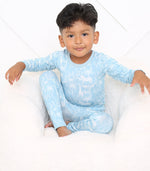 Two-piece long sleeve baby pajama set in Savanna blue print with matching pajama bottoms