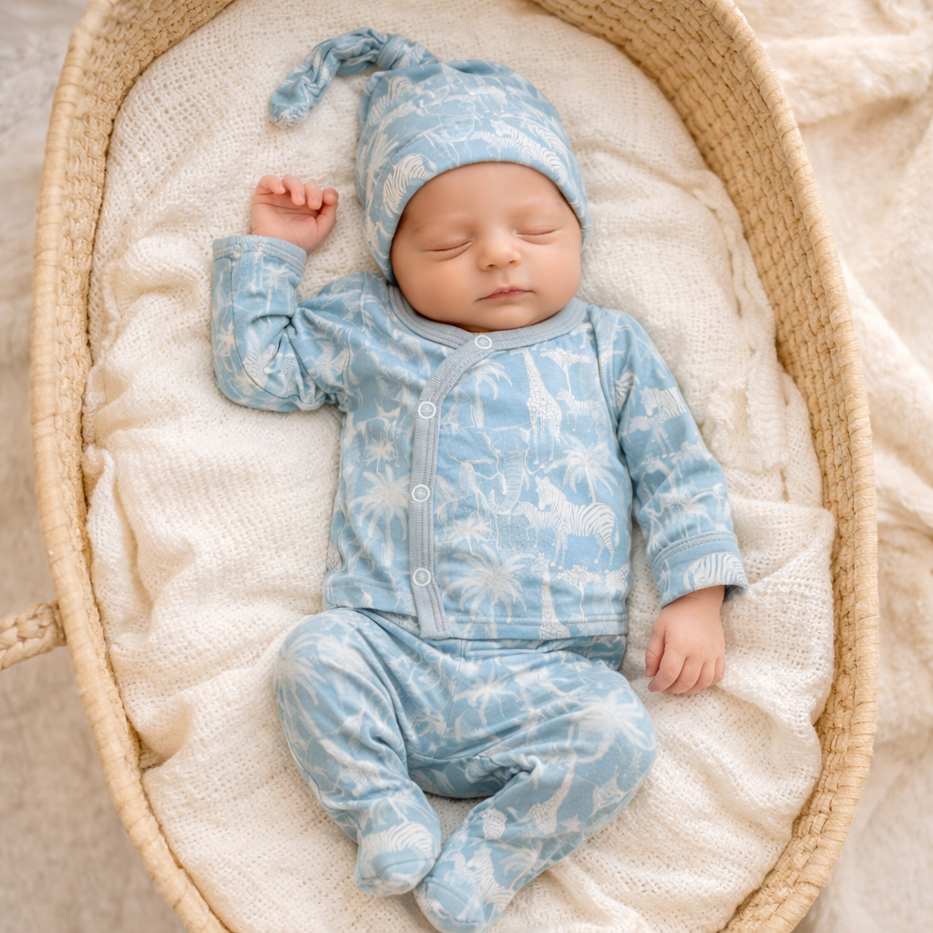 Three-piece baby set in savanna blue: long sleeve wrap top, footed pants and matching top knot hat