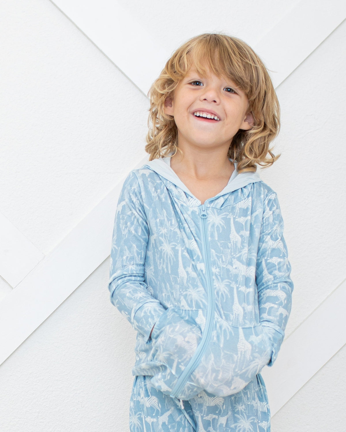 Baby zip-up hoodie in savanna blue with lined hood and kangaroo pockets