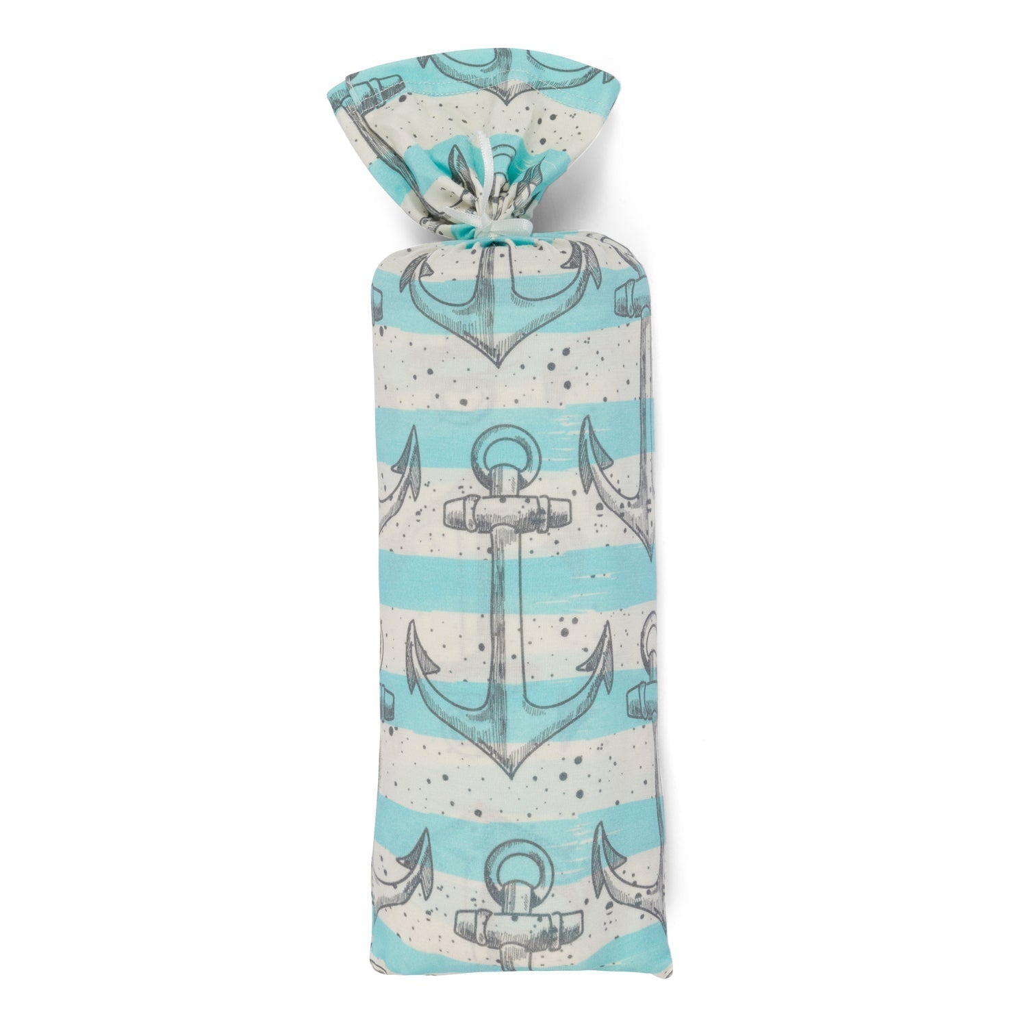 Square bamboo swaddle blanket with sea anchor print and blue stripes on a soft double-sided fabric.