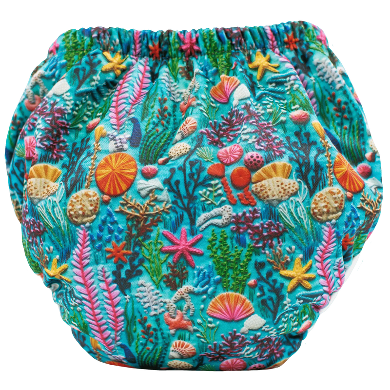 Sea Embroidery training pants with colorful underwater design, bamboo layers, leak-resistant PUL.