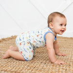 Sleeveless baby shortall romper in a sea life print with snap closures at the shoulders and legs