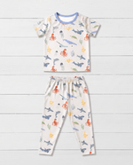 Two-piece pajama set with short sleeve top and long pants in a sea life print