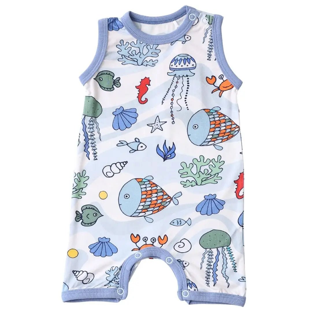 Bestaroo Sea Swirls Bamboo Baby Sleeveless Shortall With Snaps On Shoulders - 
