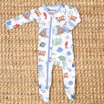 Baby footie pajamas in a sea life swirl print with blue and orange creatures and a full-length zipper.