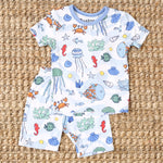 Baby shorts pajama set with sea swirl pattern, short sleeves and matching shorts