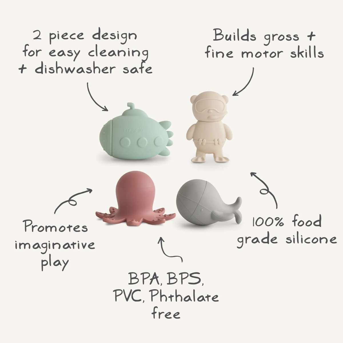 Mushie Sealife Mold Free Bath Play Set with Submarine Scuba Diver Octopus and Whale - Everetts Place Boutique - 