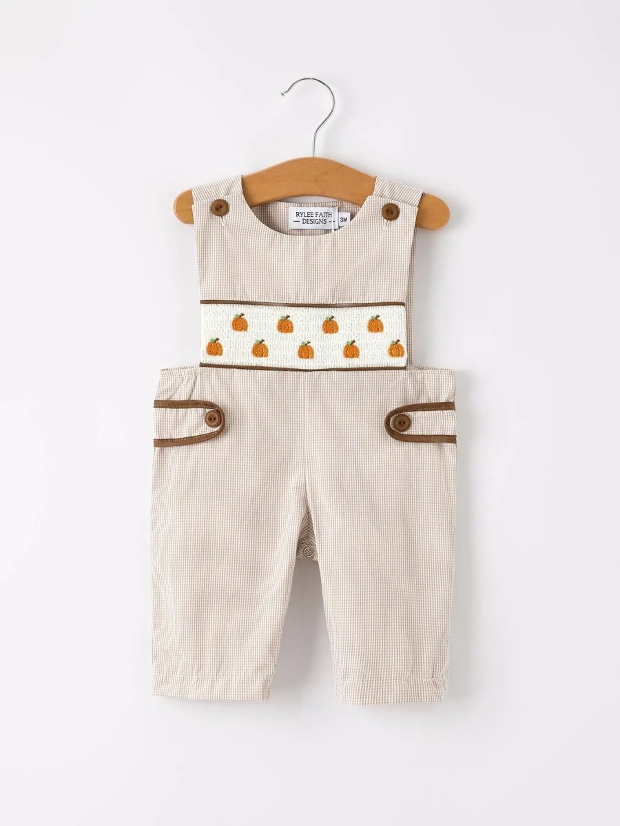 Rylee Faith Designs Seasonal Pumpkin Smock Embroidered Romper for Baby Boys Fall Fashion - 