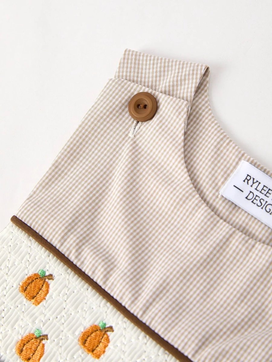 Rylee Faith Designs Seasonal Pumpkin Smock Embroidered Romper for Baby Boys Fall Fashion - 