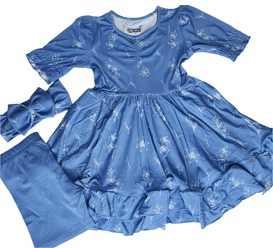 Dragonfly Dreams Bamboo Serenity Lilies Puff Sleeve Sweetheart Twirl Dress with Pockets & Shorts Set