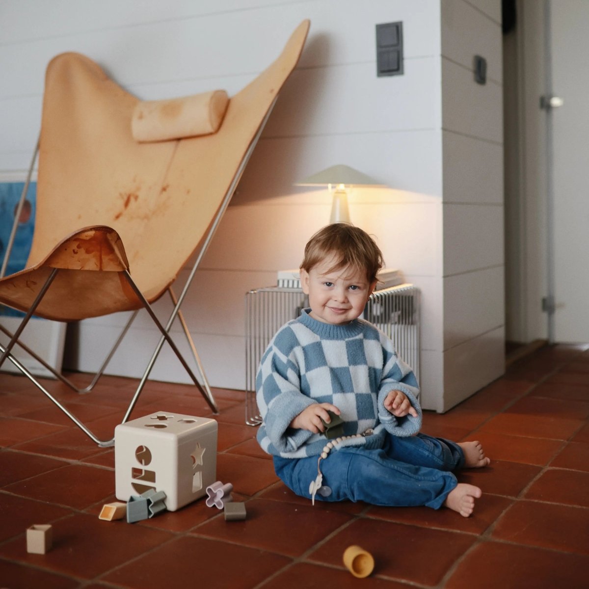 Mushie Shape Sorting Box for Kids Made in Denmark with 12 Soft Color Shapes for Fine Motor Skill Development -