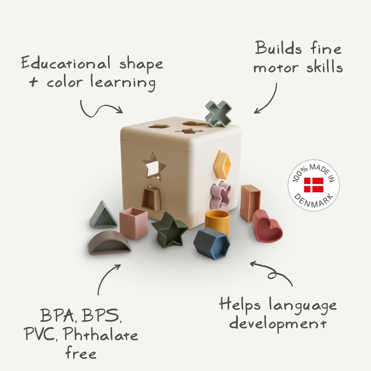 Mushie Shape Sorting Box for Kids Made in Denmark with 12 Soft Color Shapes for Fine Motor Skill Development -