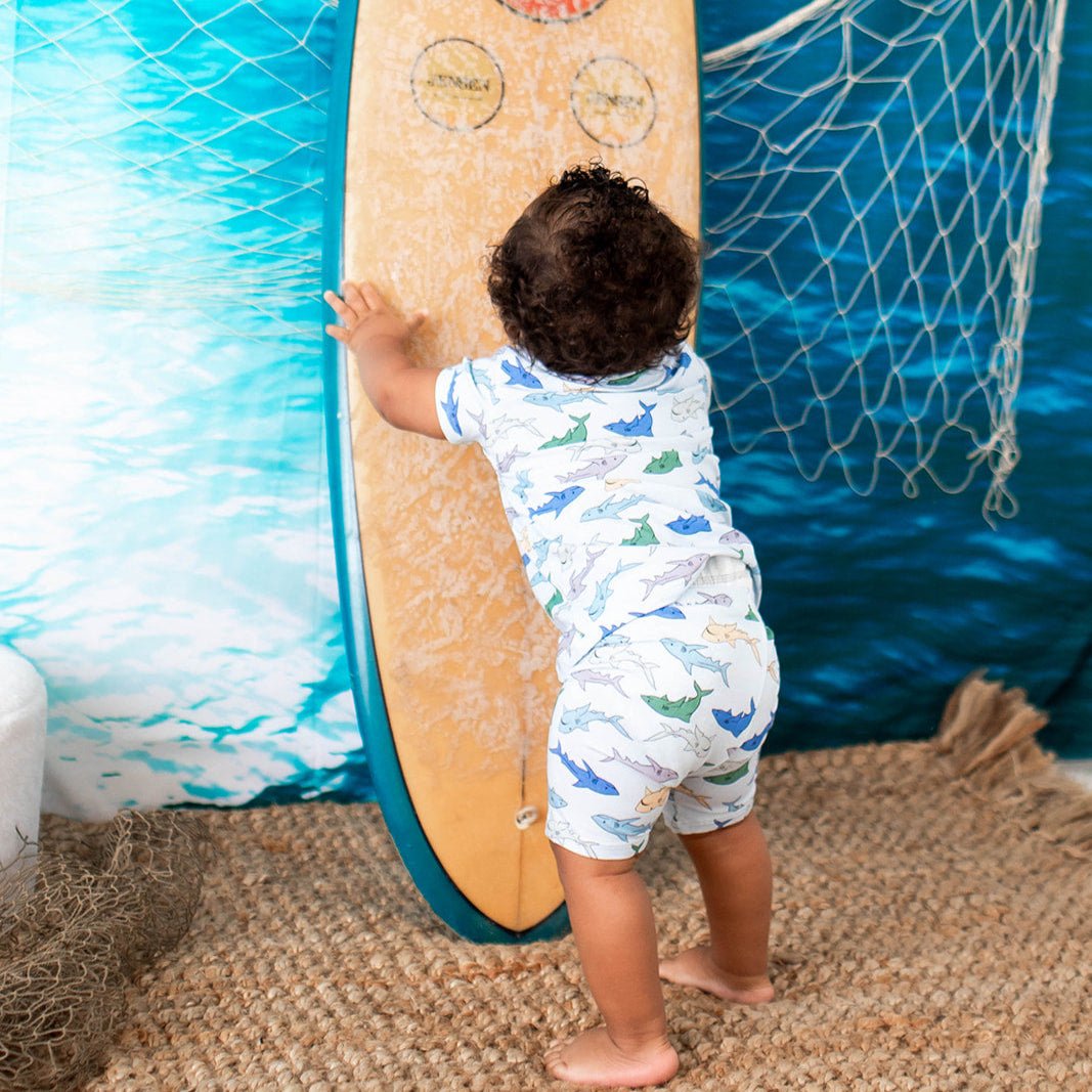 Short-sleeve and shorts baby pajama set with an all-over shark print