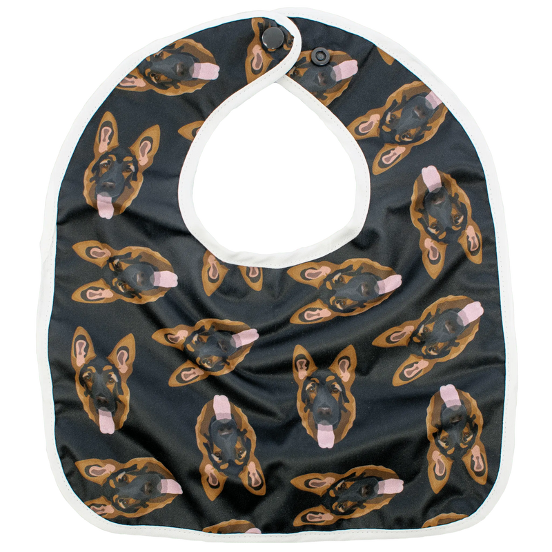 Shepard - The Flip Bib with dog pattern design and food-catching pocket.