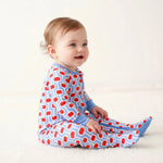 Baby footie pajamas with full-length two-way zipper and covered feet