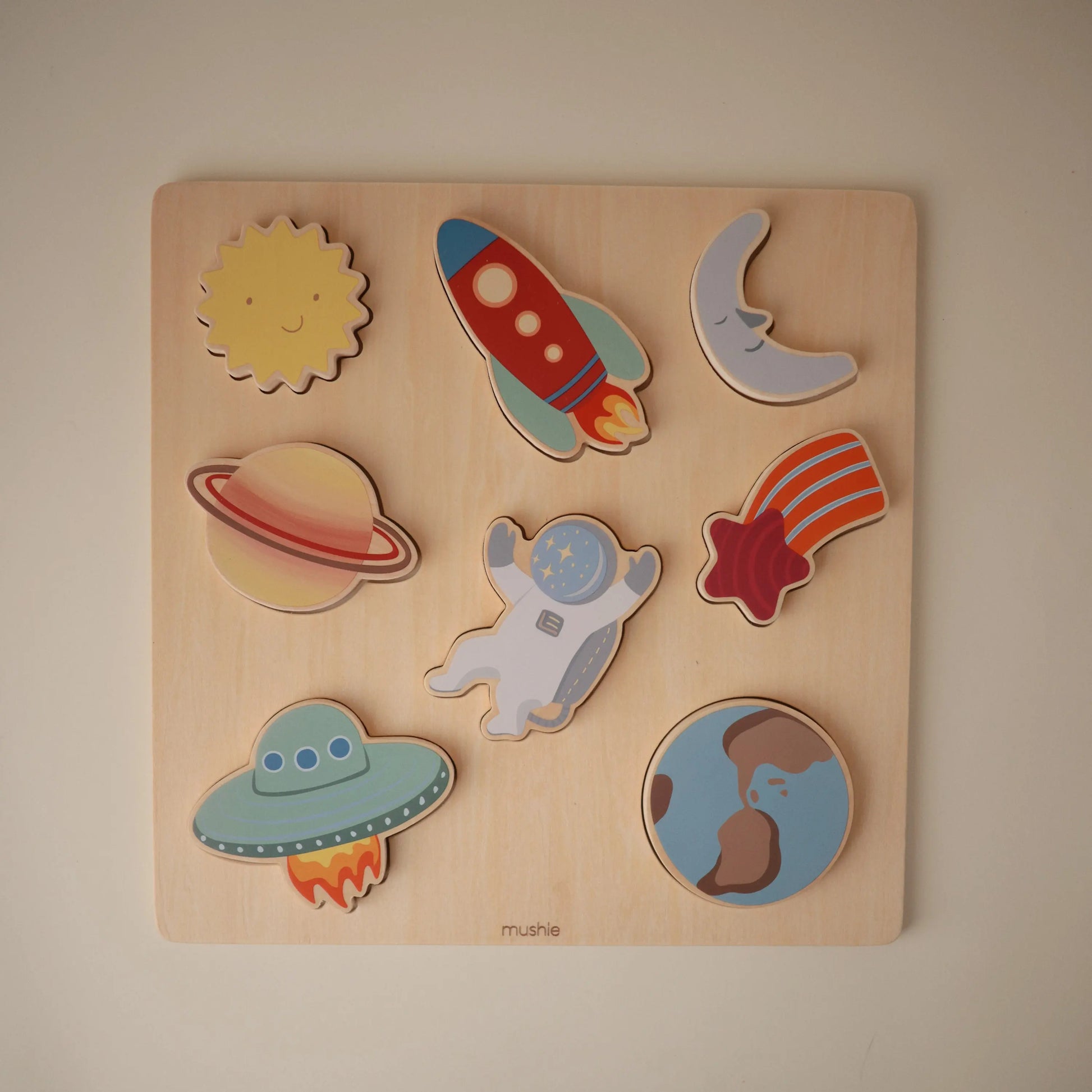 Wooden Space Puzzle for Kids with Eight Colorful Pieces and Smooth Edges Mushie