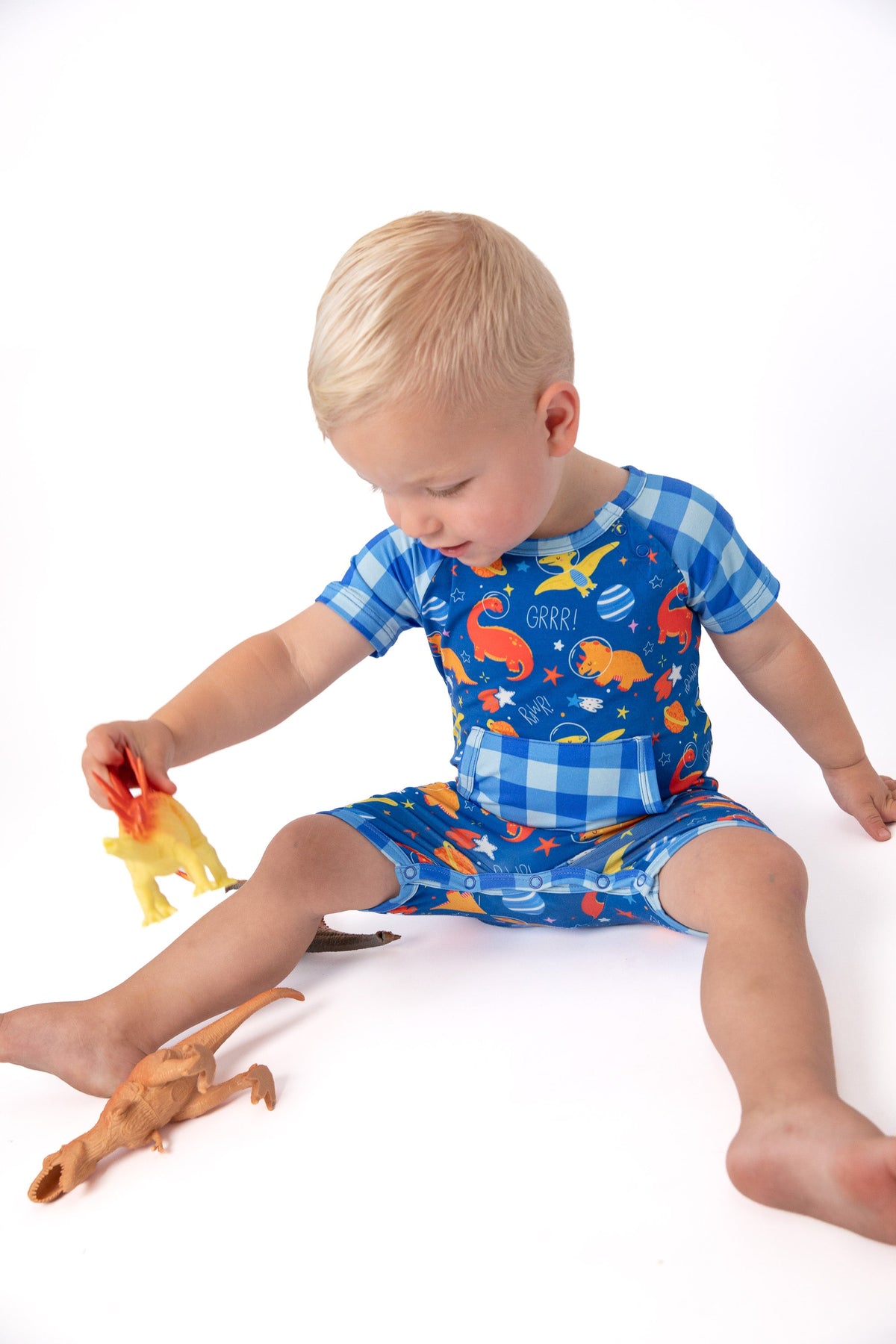 Space Dinosaur Bamboo Short Romper | Electric Blue by Rayn’s Tiny Stitches