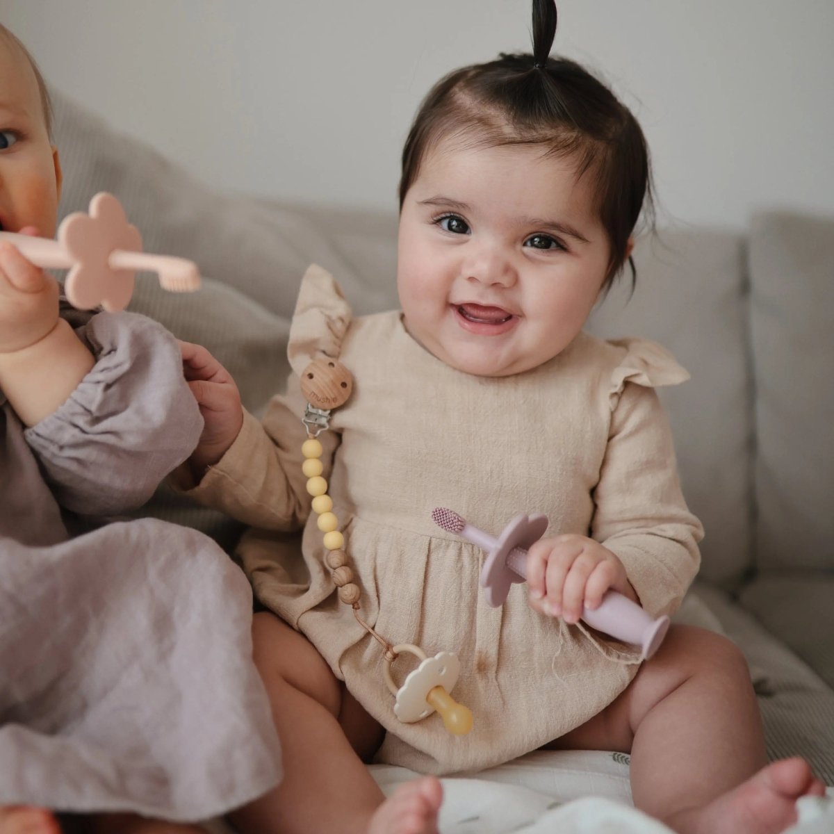 Mushie Silicone Pacifier Clip Eva with Faux Wood Clasp and Colorful Beads - Everetts Place Boutique - 