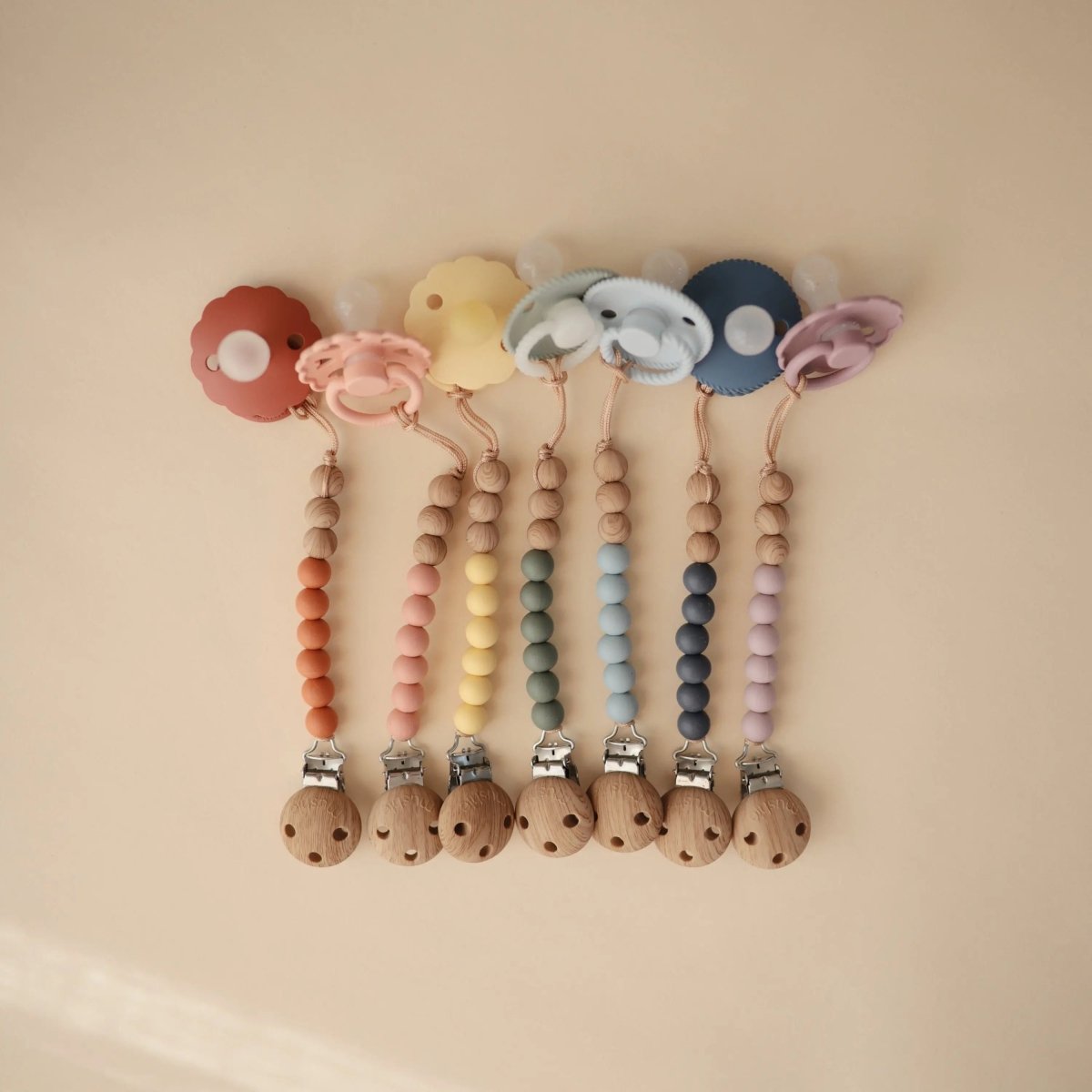 Mushie Silicone Pacifier Clip Eva with Faux Wood Clasp and Colorful Beads - Everetts Place Boutique - 