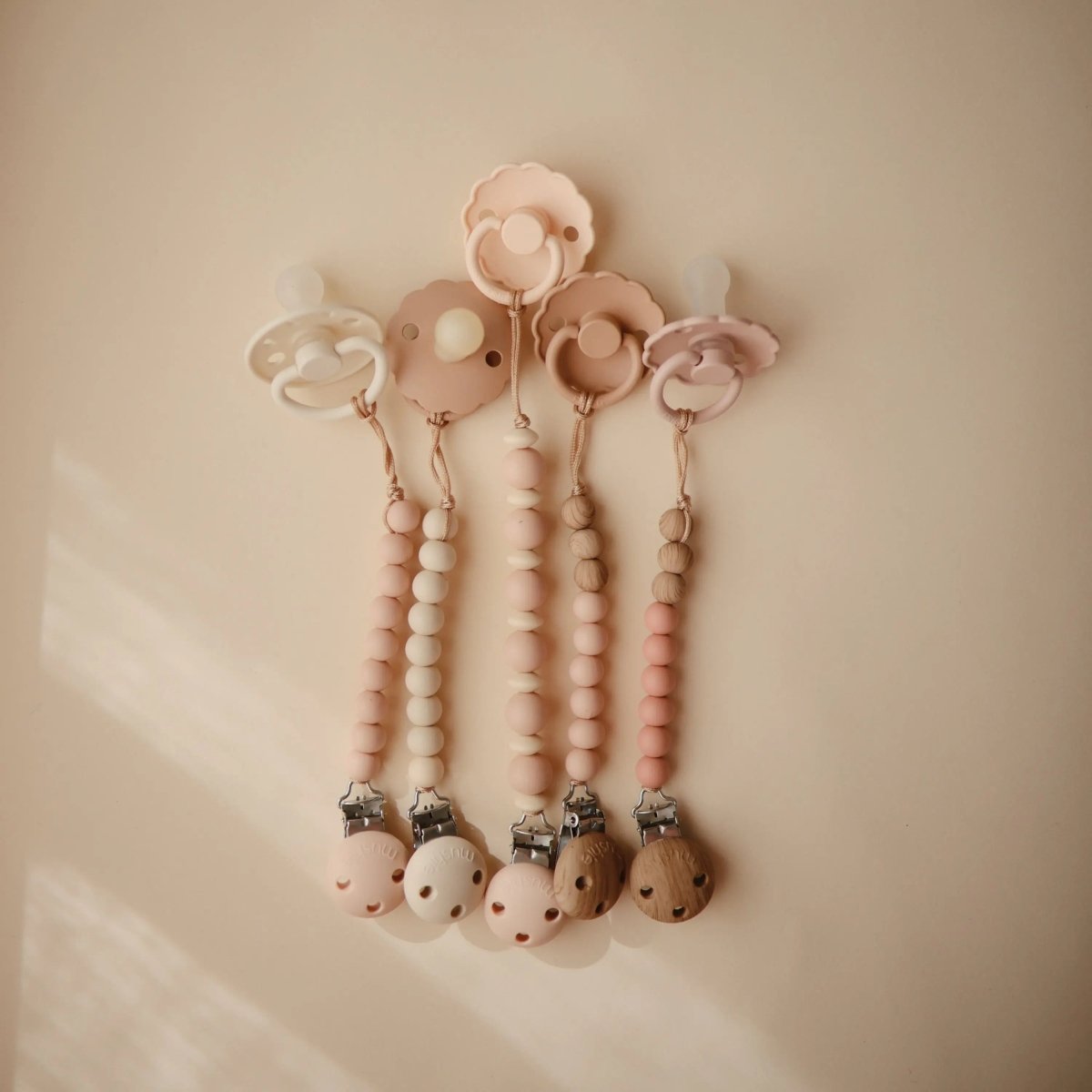 Mushie Silicone Pacifier Clip Eva with Faux Wood Clasp and Colorful Beads - Everetts Place Boutique - 