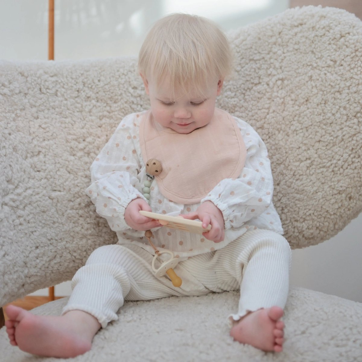 Mushie Silicone Pacifier Clip Eva with Faux Wood Clasp and Colorful Beads - Everetts Place Boutique - 