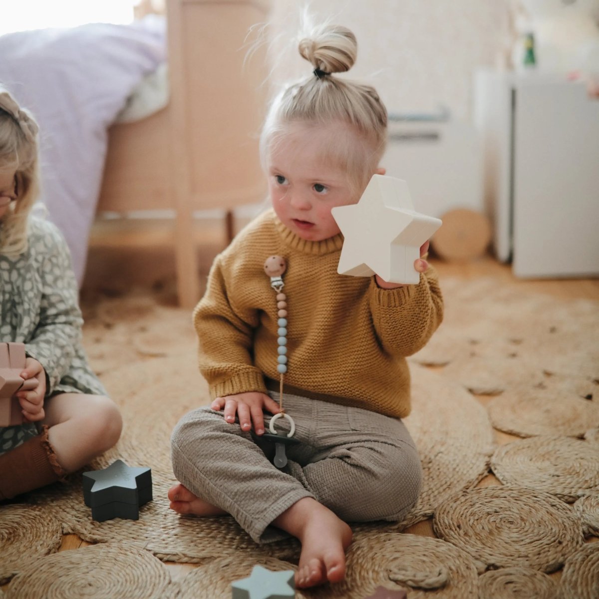 Mushie Silicone Pacifier Clip Eva with Faux Wood Clasp and Colorful Beads - Everetts Place Boutique - 