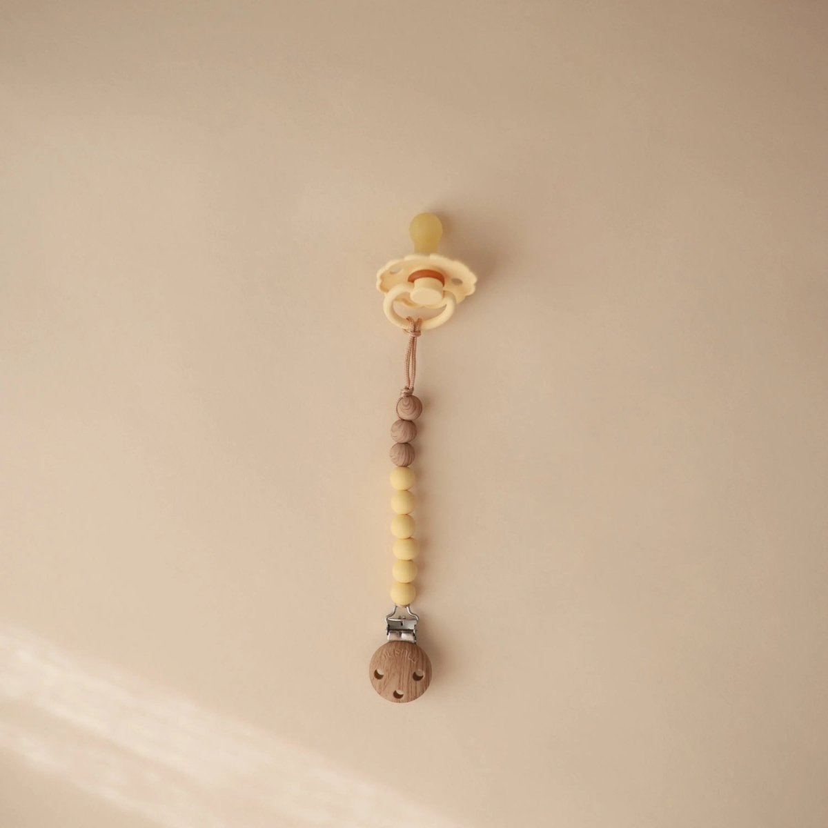 Mushie Silicone Pacifier Clip Eva with Faux Wood Clasp and Colorful Beads - Everetts Place Boutique - 