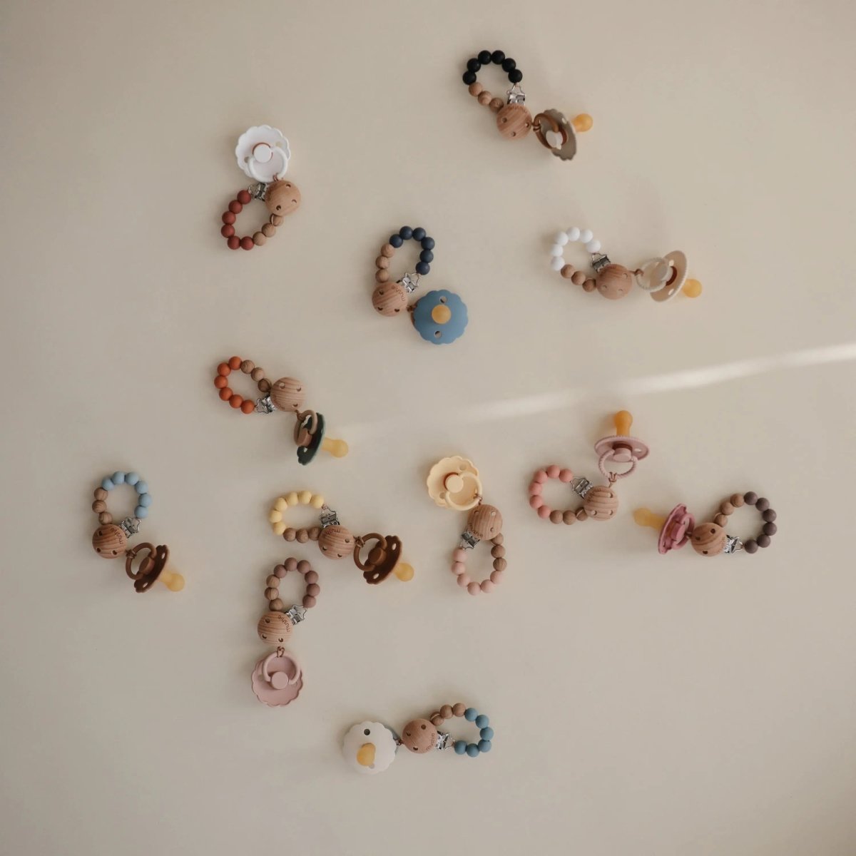 Mushie Silicone Pacifier Clip Eva with Faux Wood Clasp and Colorful Beads - Everetts Place Boutique - 