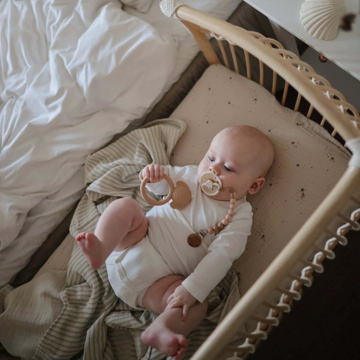 Mushie Silicone Pacifier Clip Eva with Faux Wood Clasp and Colorful Beads - Everetts Place Boutique - 