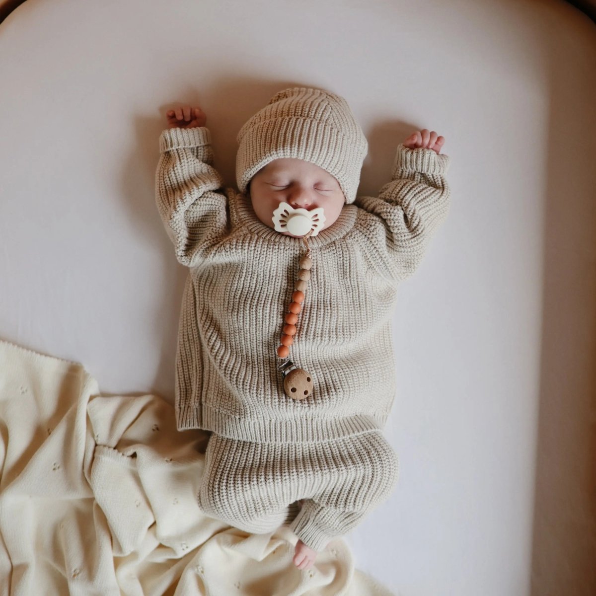 Mushie Silicone Pacifier Clip Eva with Faux Wood Clasp and Colorful Beads - Everetts Place Boutique - 