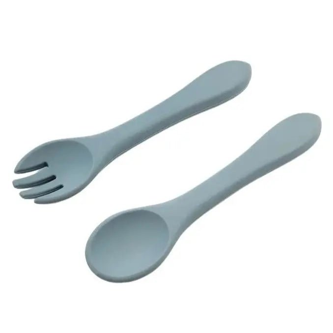Eizzy Baby Silicone Spoon and Fork Set (Muted Blue) - 