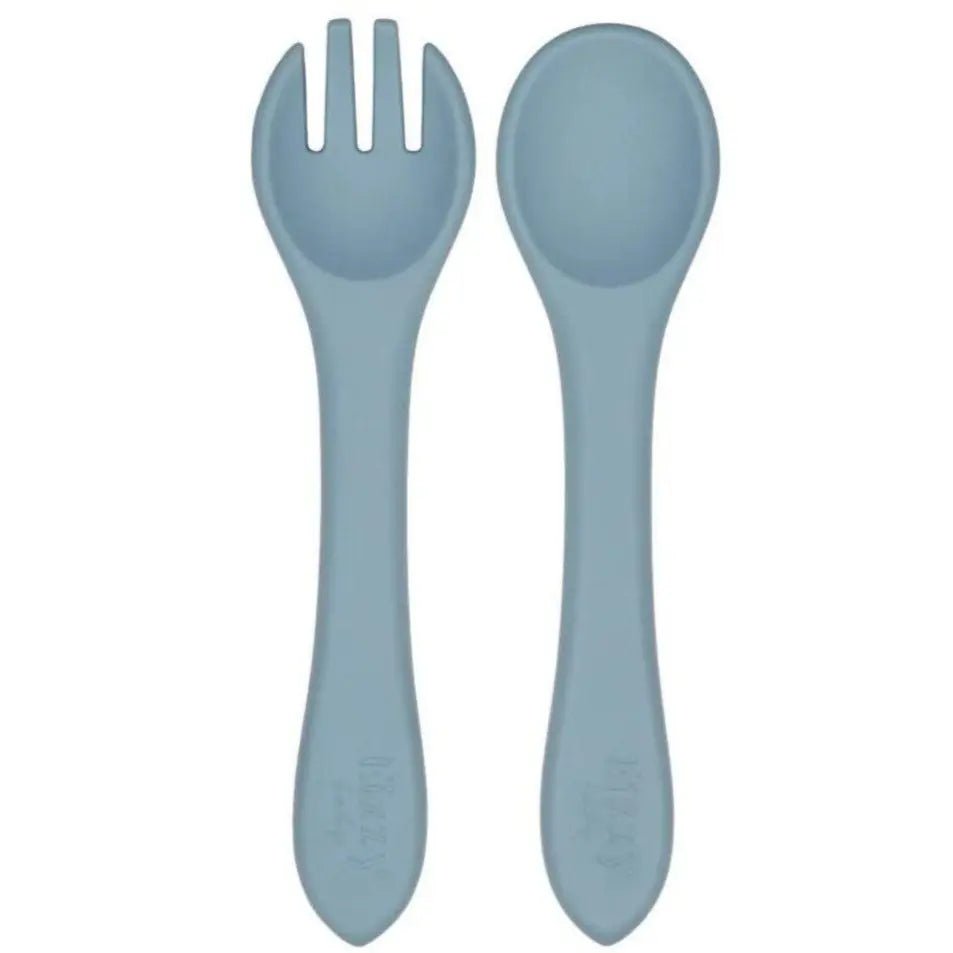 Eizzy Baby Silicone Spoon and Fork Set (Muted Blue) - 