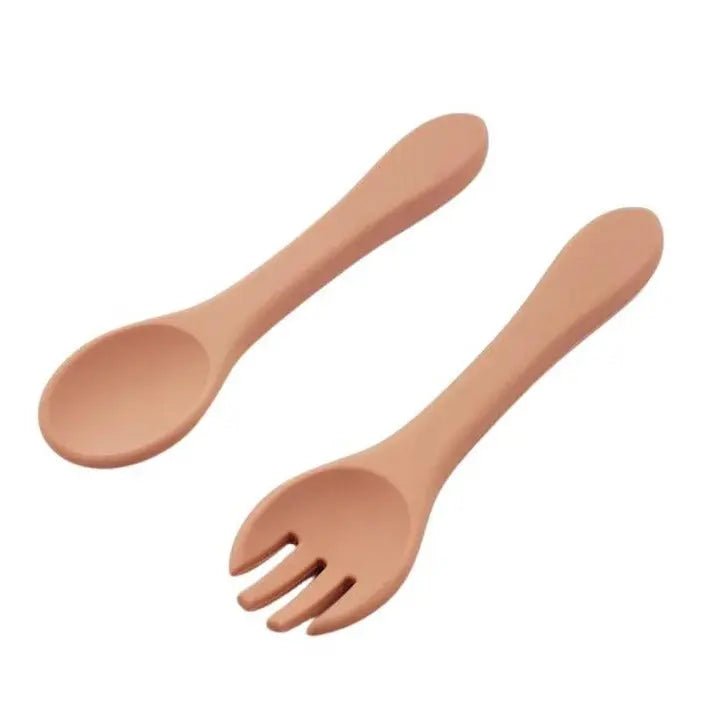 Eizzy Baby Silicone Spoon and Fork Set (Muted Pink) - 