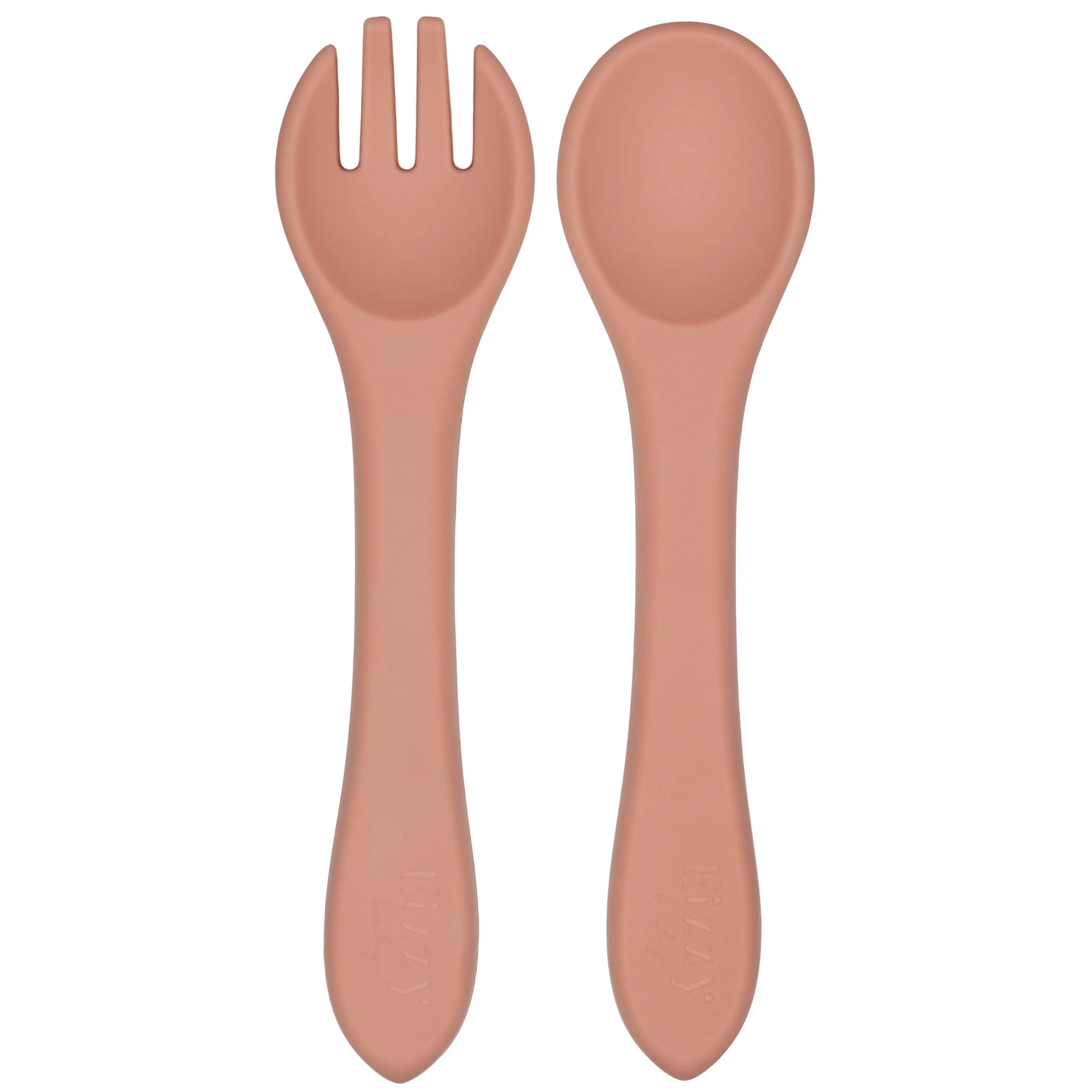 Eizzy Baby Silicone Spoon and Fork Set (Muted Pink) - 