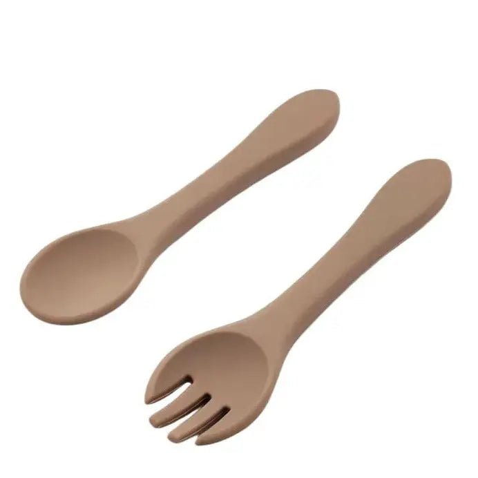 Eizzy Baby Silicone Spoon and Fork Set (Taupe) - 