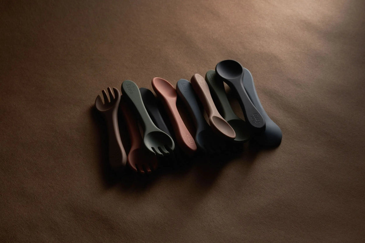 Eizzy Baby Silicone Spoon and Fork Set (Taupe) - 