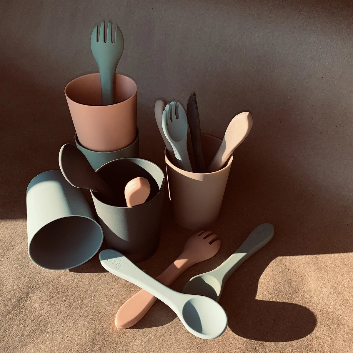 Eizzy Baby Silicone Spoon and Fork Set (Taupe) - 