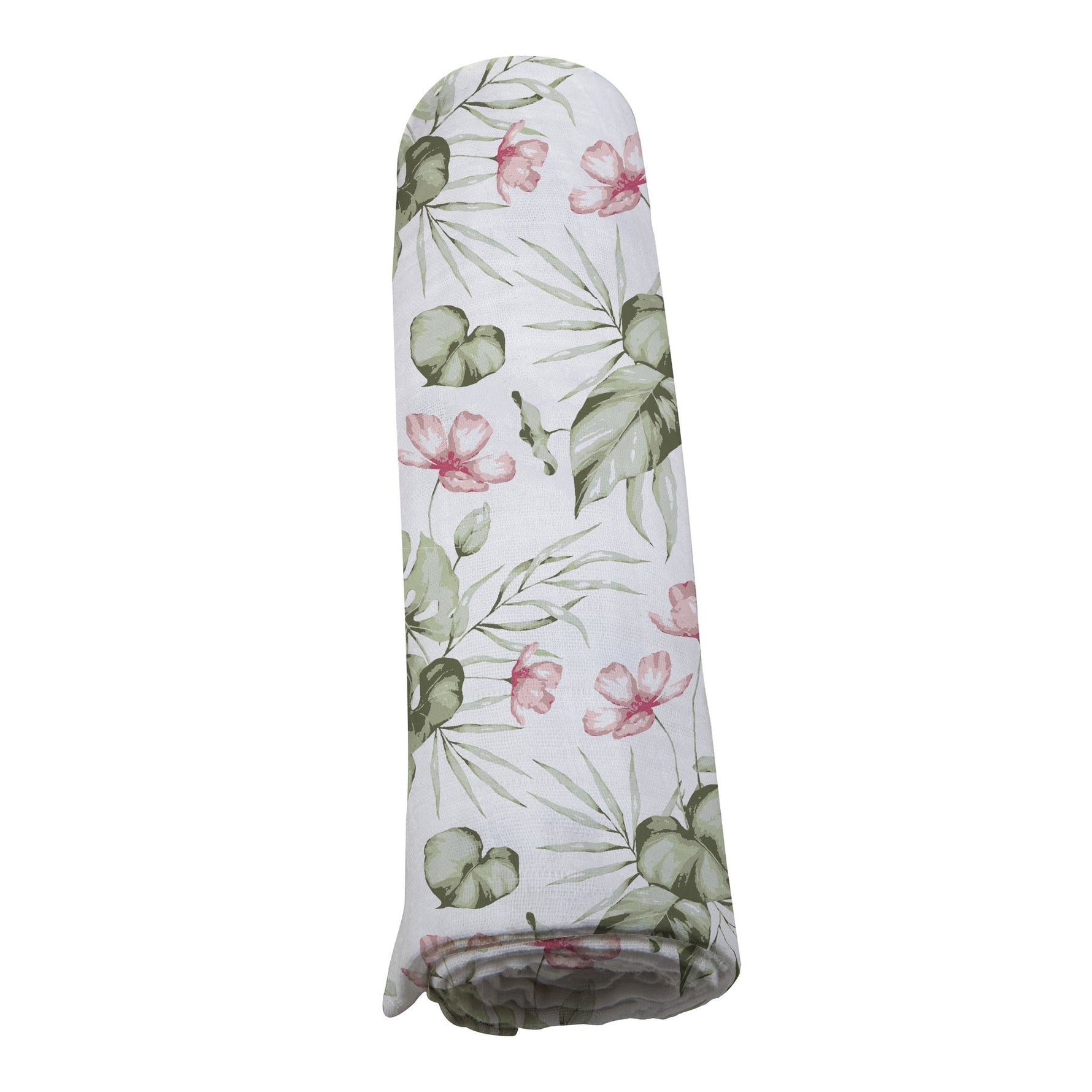 Soft organic baby swaddle blanket with a delicate silver pink orchid floral pattern, neatly folded.