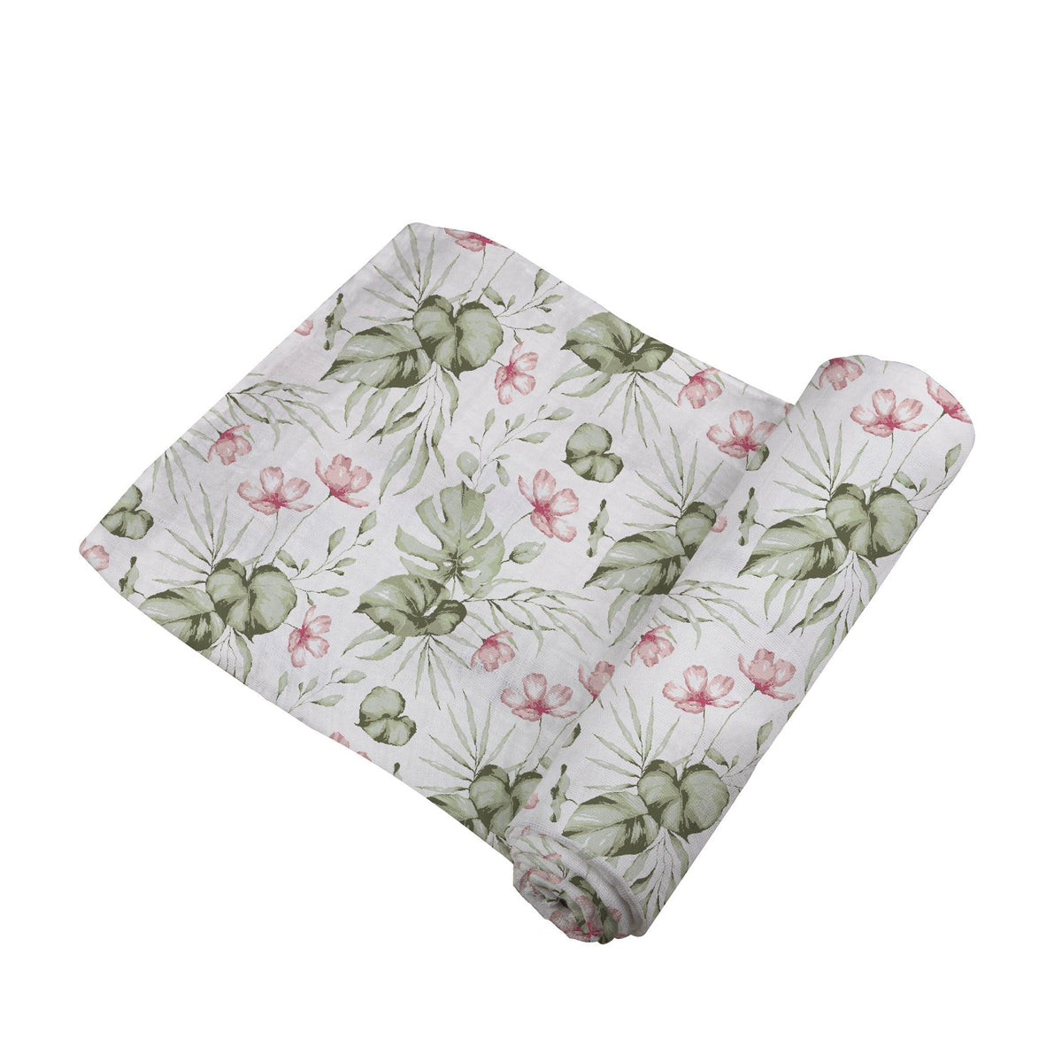 Soft organic baby swaddle blanket with a delicate silver pink orchid floral pattern, neatly folded.