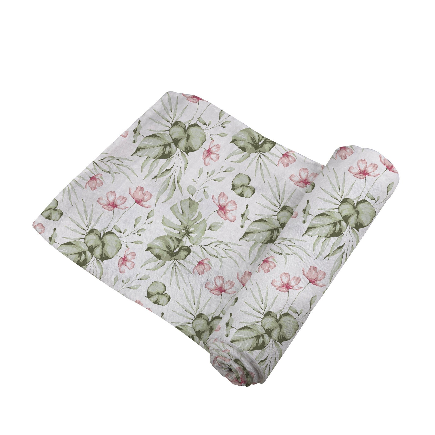 Soft organic baby swaddle blanket with a delicate silver pink orchid floral pattern, neatly folded.