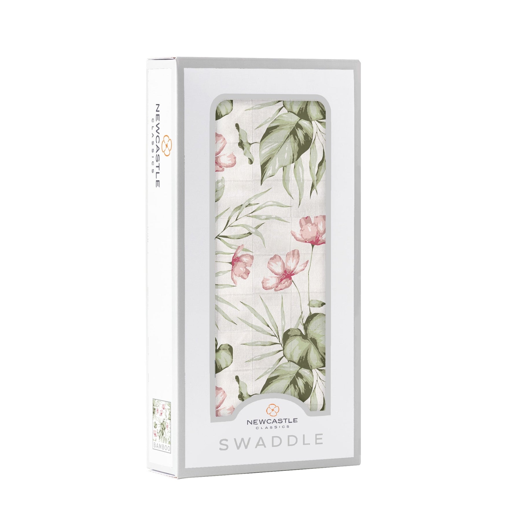 Soft organic baby swaddle blanket with a delicate silver pink orchid floral pattern, neatly folded.