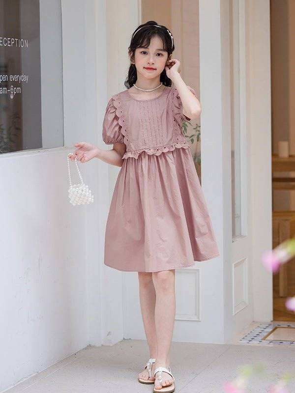 Simple style solid color pink cotton dress for young fashionistas.