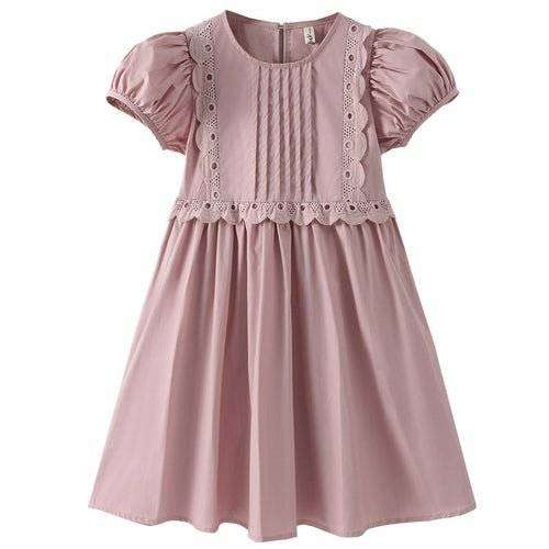 Simple style solid color pink cotton dress with puff sleeves.