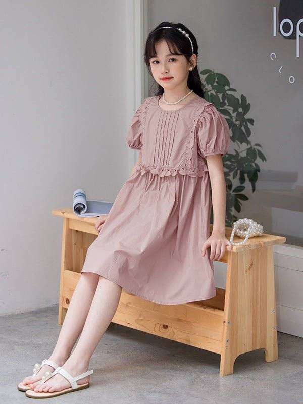 Simple style solid color pink cotton dress for young fashionistas.