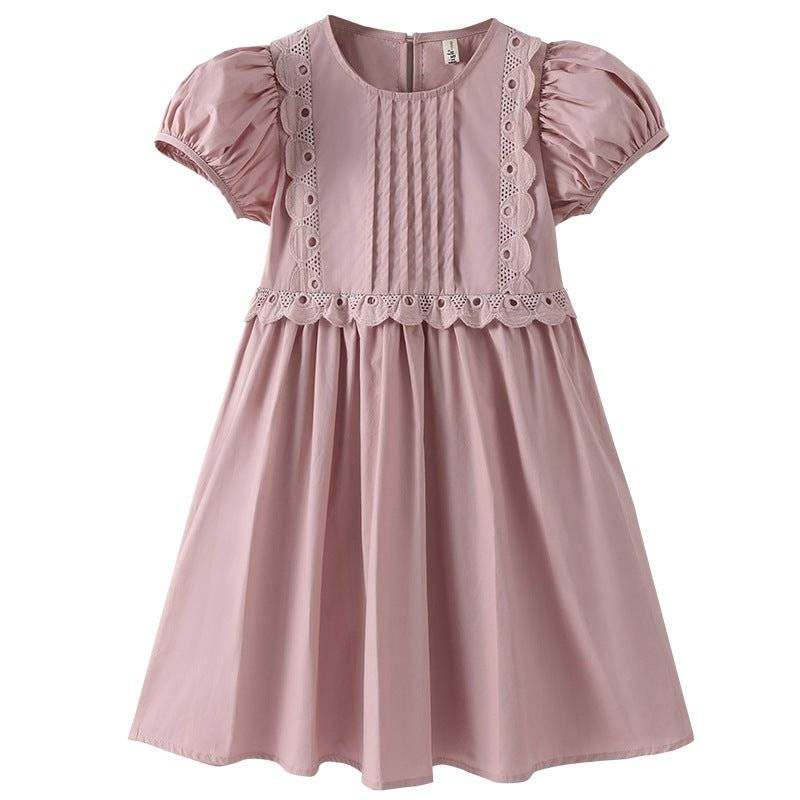 Simple style solid pink cotton dress with puffed sleeves and lace details.