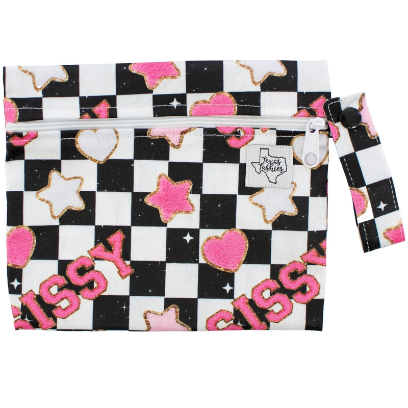 Mini Wet Bag with checkered design and pink star pattern, ideal for snacks, pacifiers, and more.