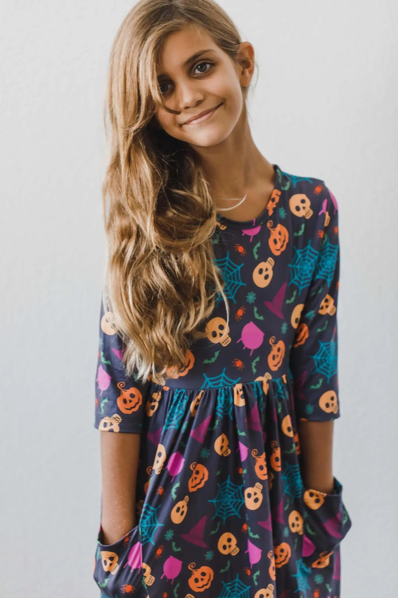 Mila & Rose ® Skeleton Themed Twirl Dress With Three Quarter Sleeves And Pocket For Kids - 