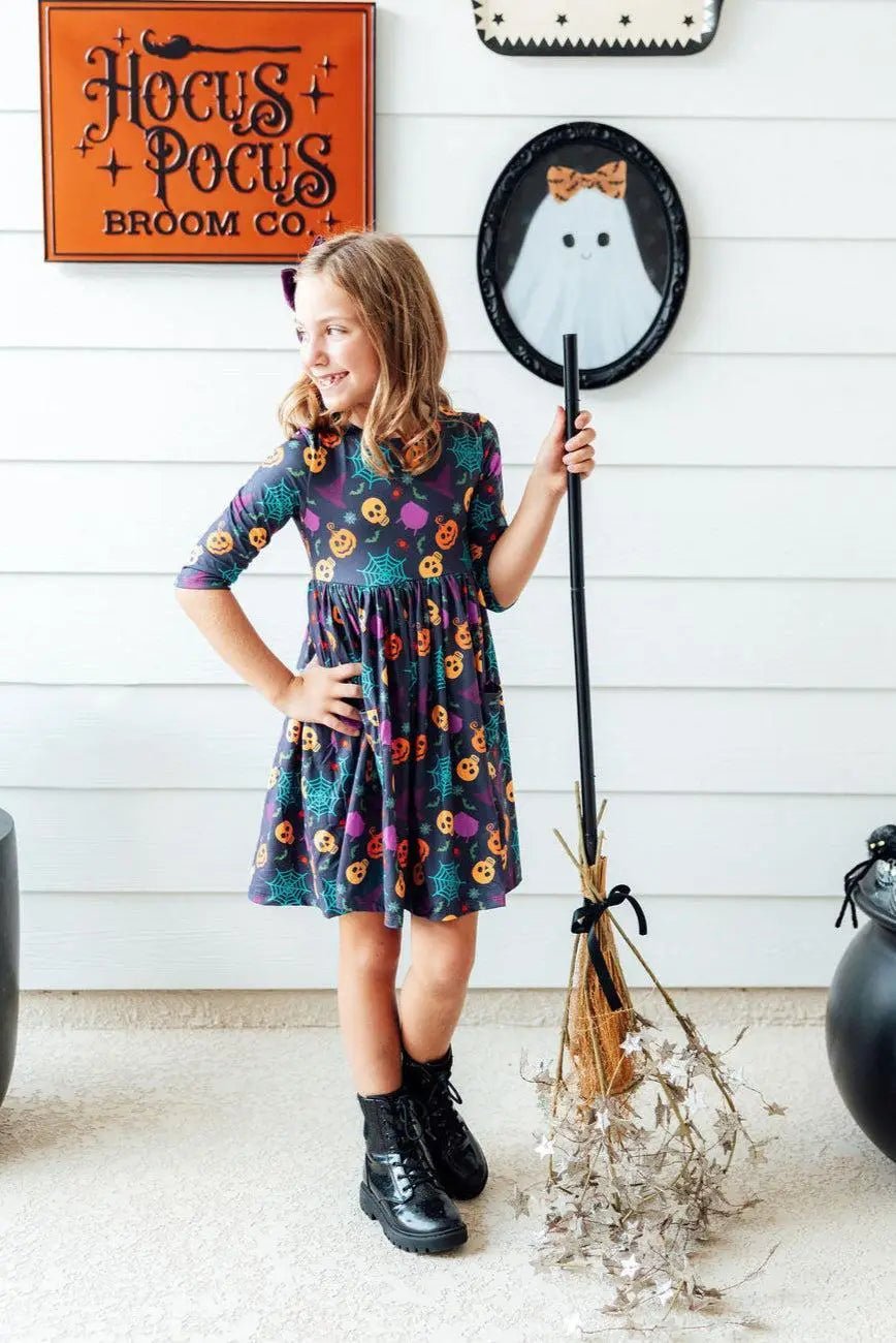Mila & Rose ® Skeleton Themed Twirl Dress With Three Quarter Sleeves And Pocket For Kids - 